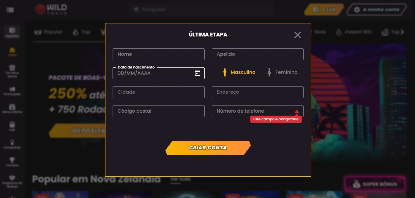 Wild Tokyo: registo e primeiro acesso à conta